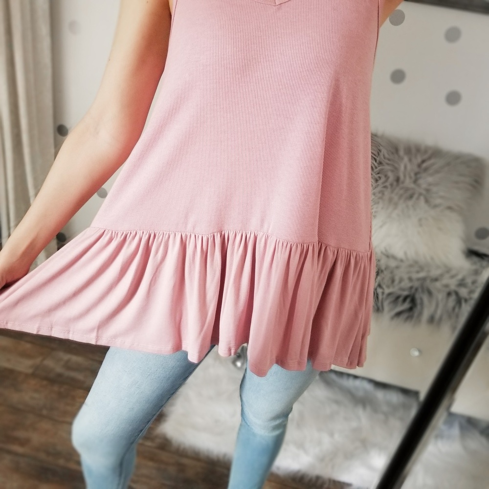 Rose Pink Spring Top Ruffle Rib Knit Layering Tank Top Summer Tops - Picture 6 of 9